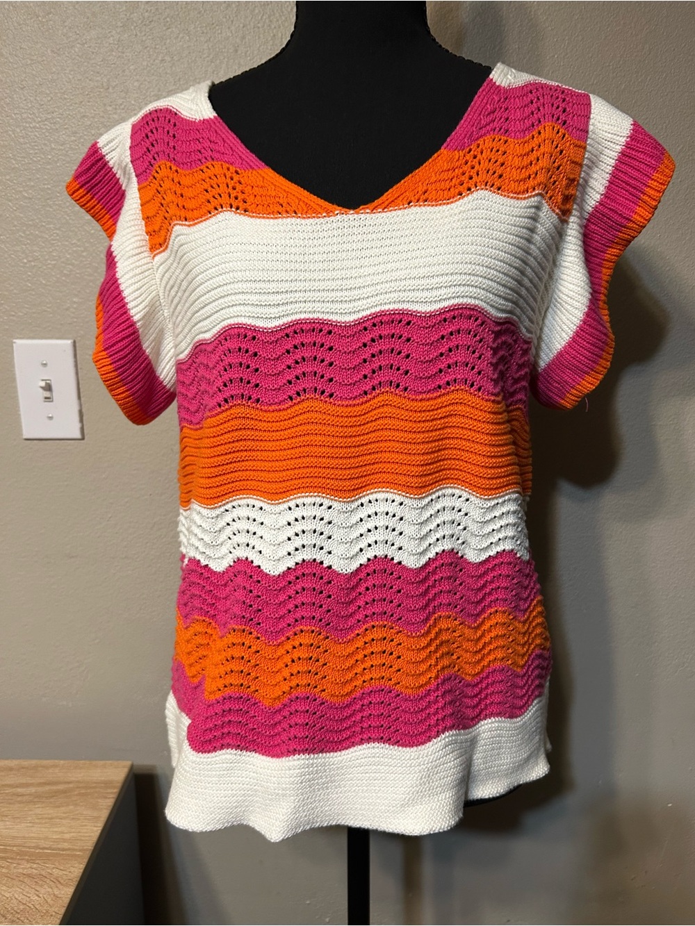 THML Women’s Large Crochet Knit Top Pink Orange Ivory 100% Cotton Boho